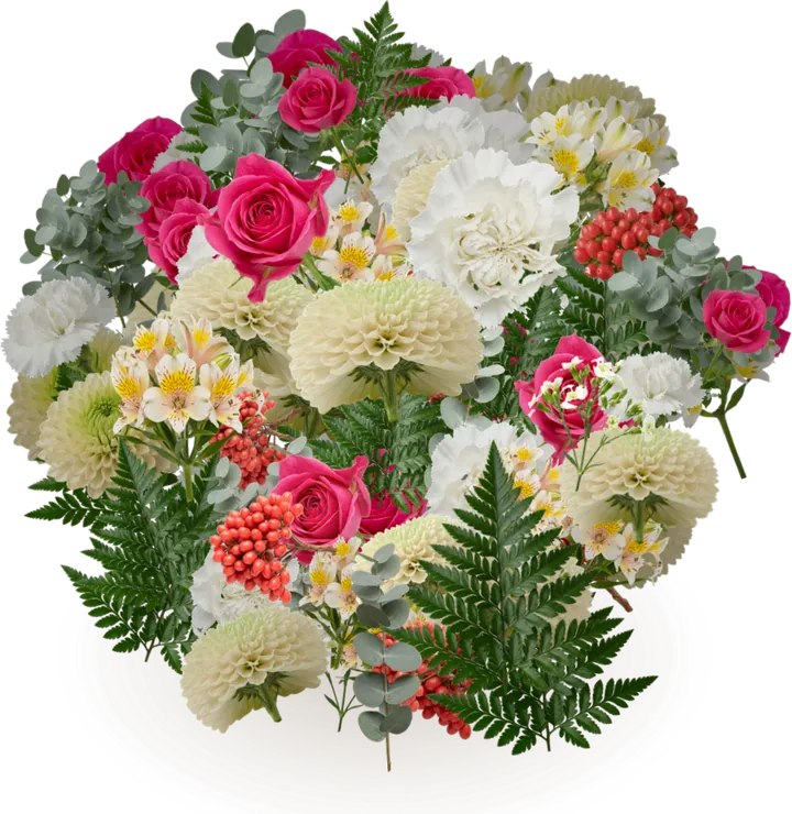 Digital bouquet for neighbourly kindness: rose, carnation, alstroemeria, decorative chrysanthemum